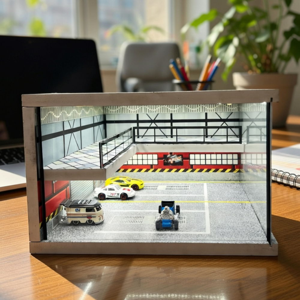 XuFan 1:64 Diorama Car Garage Model LED Lighting City Car Parking Lots Model Background Display Scene Model Collection Gift