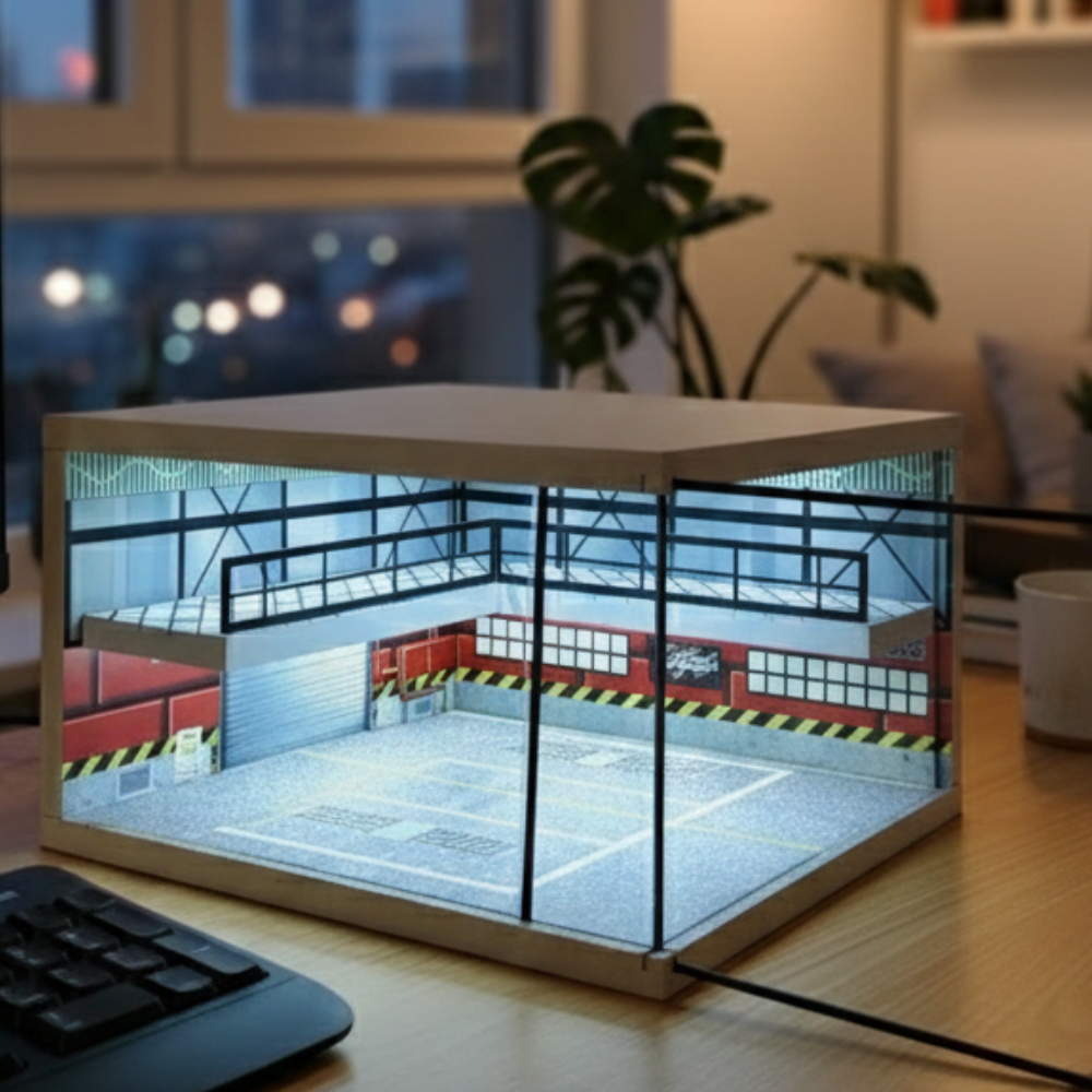 XuFan 1:64 Diorama Car Garage Model LED Lighting City Car Parking Lots Model Background Display Scene Model Collection Gift