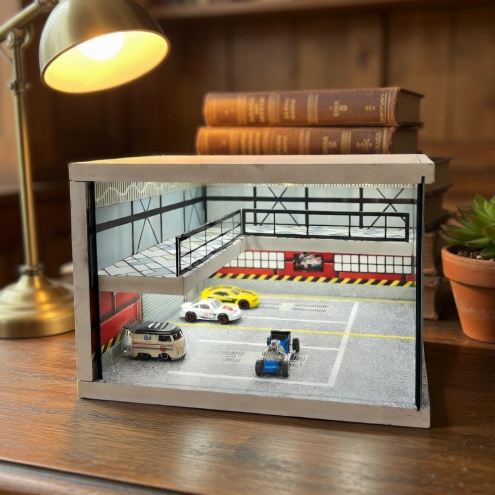 XuFan 1:64 Diorama Car Garage Model LED Lighting City Car Parking Lots Model Background Display Scene Model Collection Gift