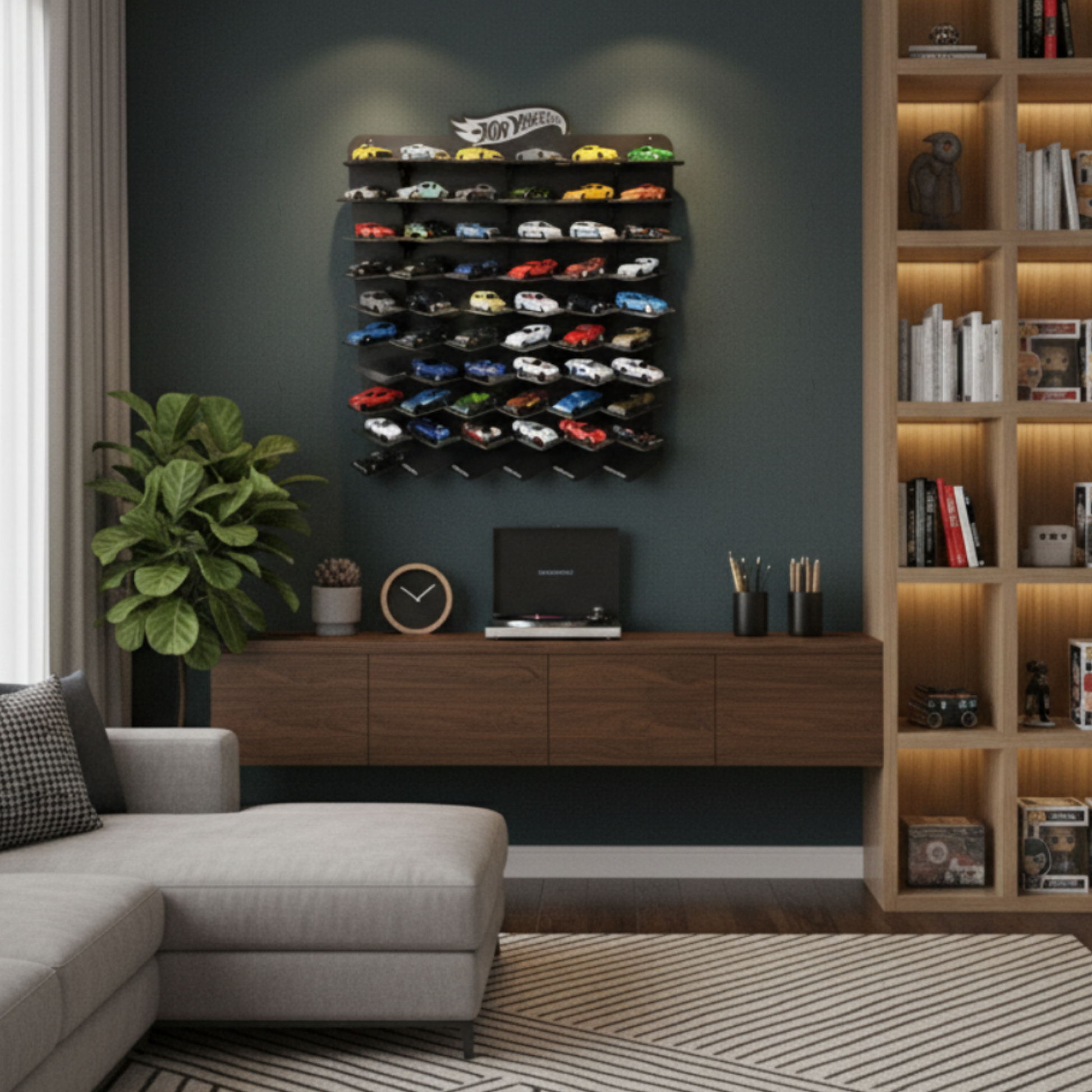 Black Wooden Organizer with 60 Slots for Diecast Car Collection
