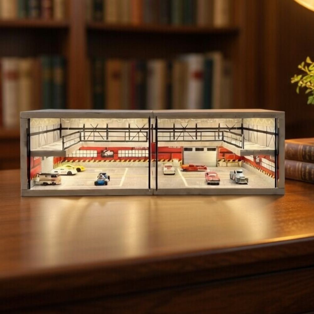 XuFan 1:64 Diorama Car Garage Model LED Lighting City Car Parking Lots Model Background Display Scene Model Collection Gift