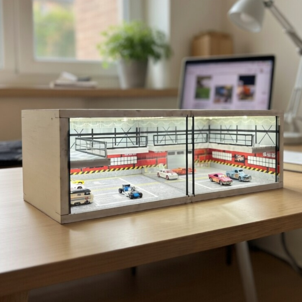 XuFan 1:64 Diorama Car Garage Model LED Lighting City Car Parking Lots Model Background Display Scene Model Collection Gift
