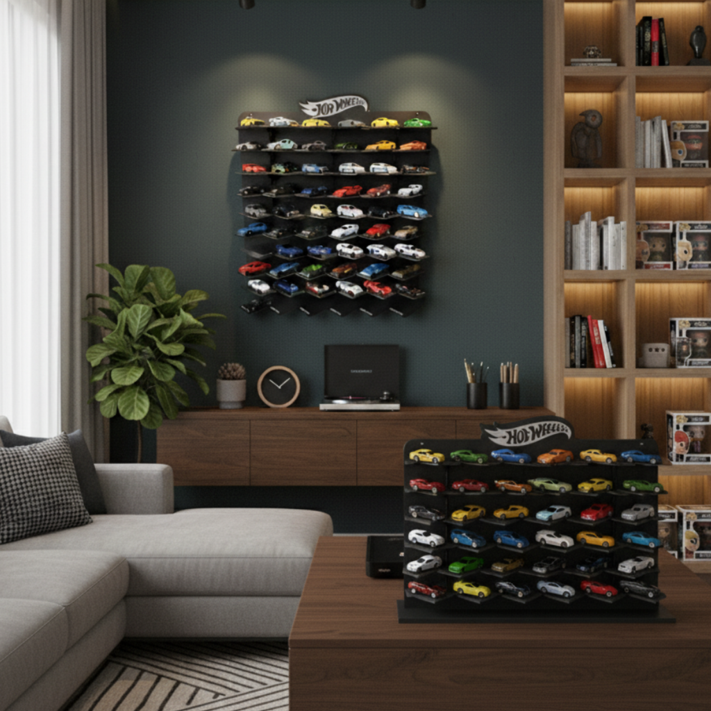 Black Wooden Organizer with 60 Slots for Diecast Car Collection